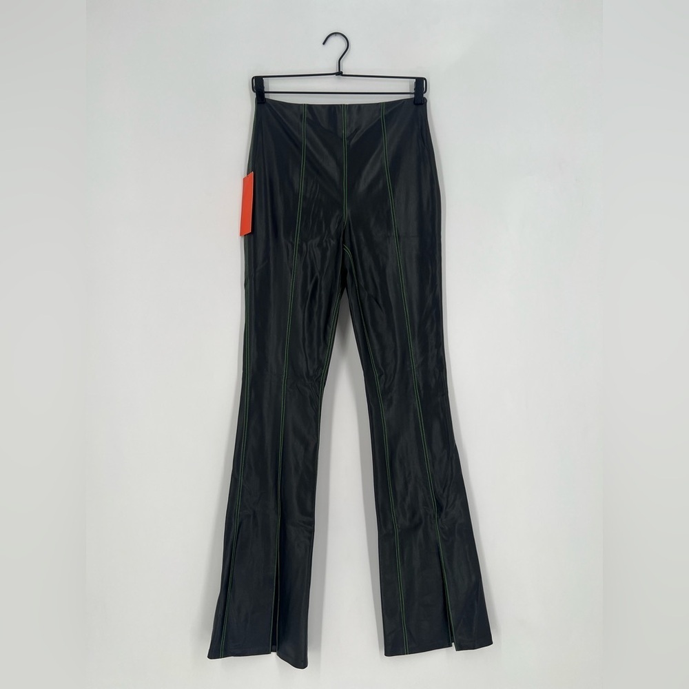 Simon Miller Iver Faux Leather High Rise Green Contrast Stitch Front Slit Pants